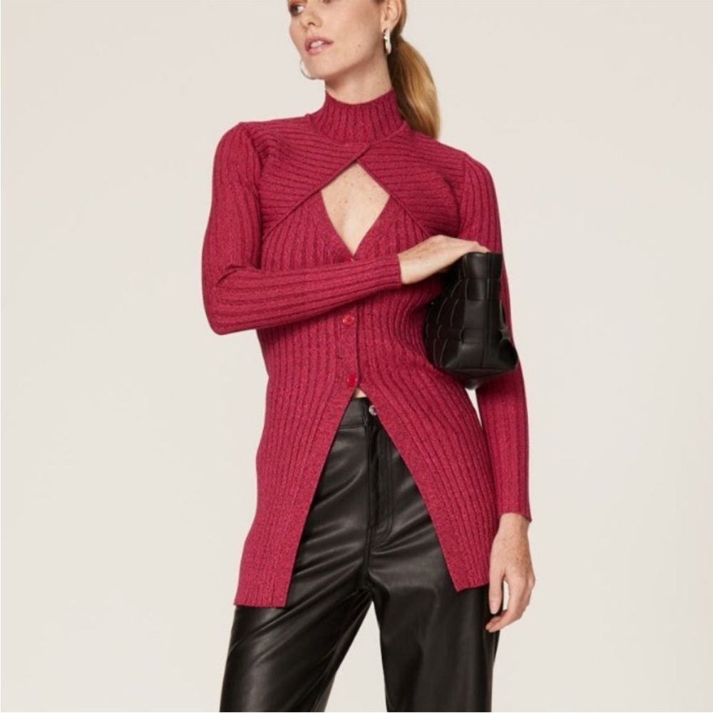Ronny Kobo Garner Knit Top Ribbed‎ Sweater Set Two Piece Shrug fuchsia multi XS
